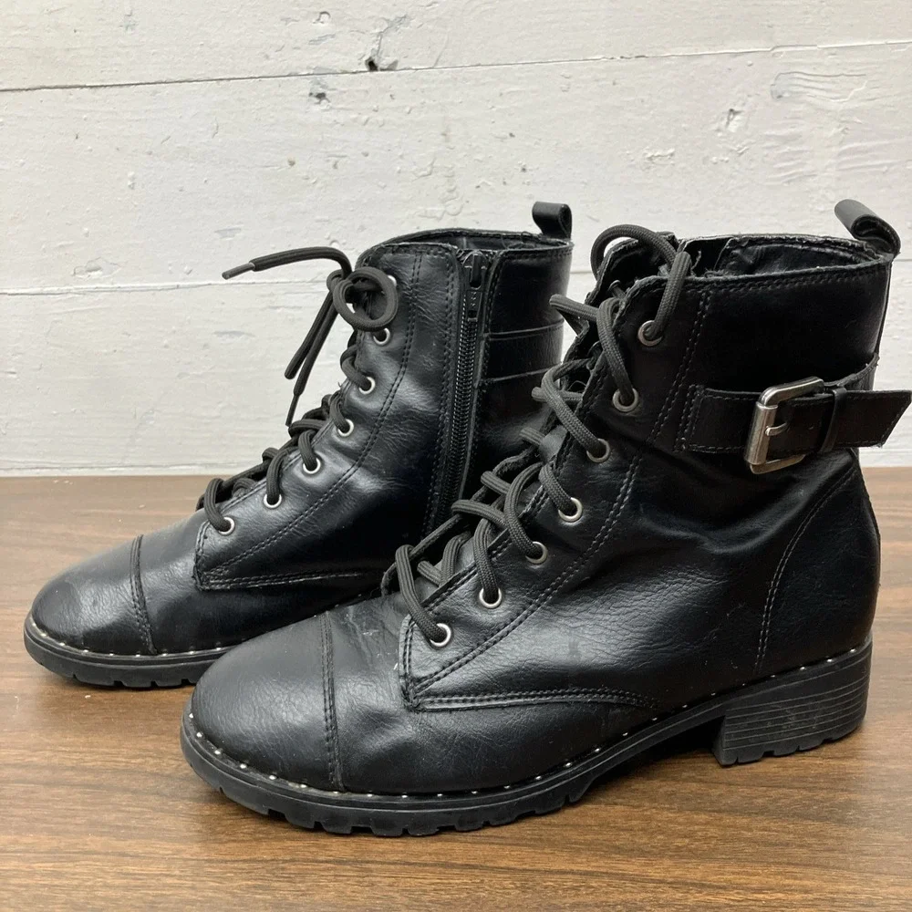 Wonder Nation Girls Black Ankle Combat Moto Boots Size 5 Lace Up w/ Zipper